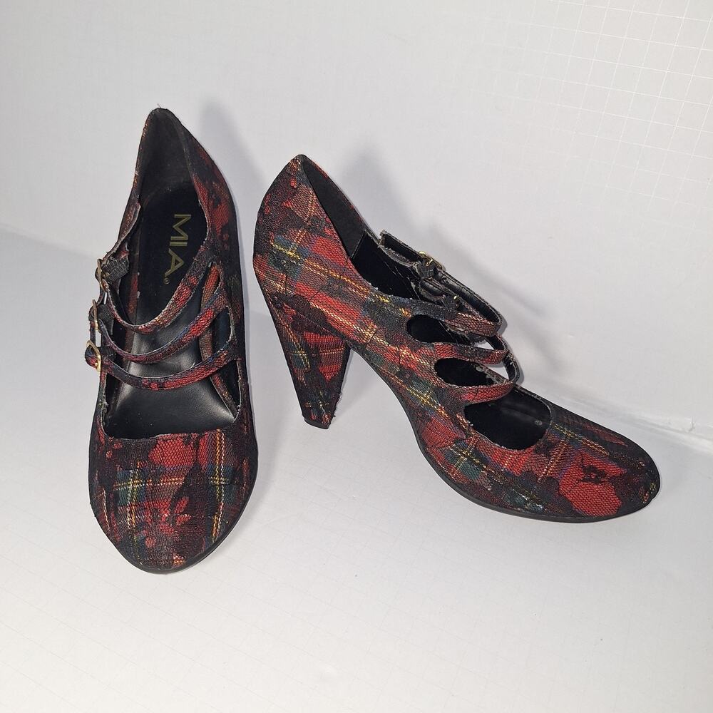 Y2K MIA Scarlett Plaid Mary Jane Heels Triple Strap Tartan Round Toe Size 8.5 - Picture 2 of 13